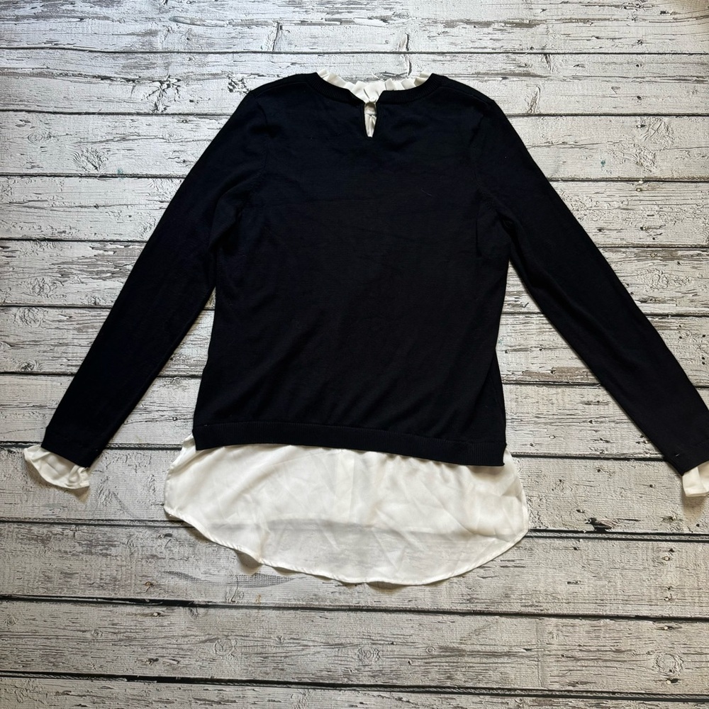Adrianna Papell Women’s Ruffle Neck Twofer Sweater - Black & White, Size M - Picture 2 of 8